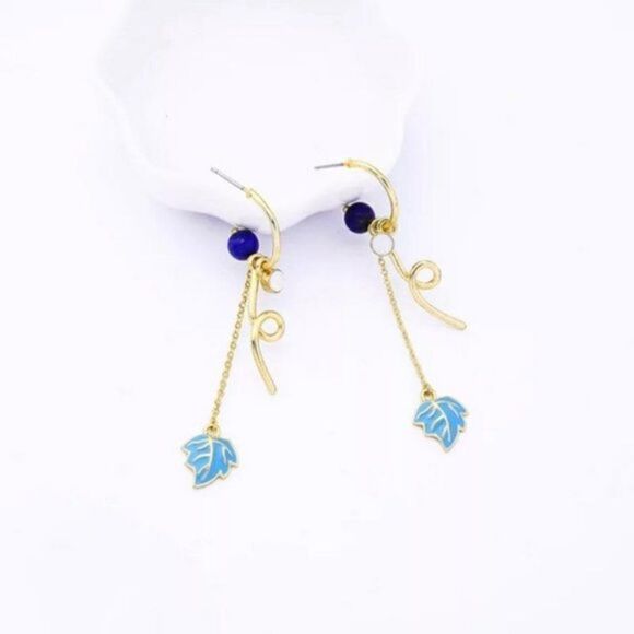 Enamel Glaze Natural Stone Leaf Gold Dangle Statement Earrings - Picture 5 of 8